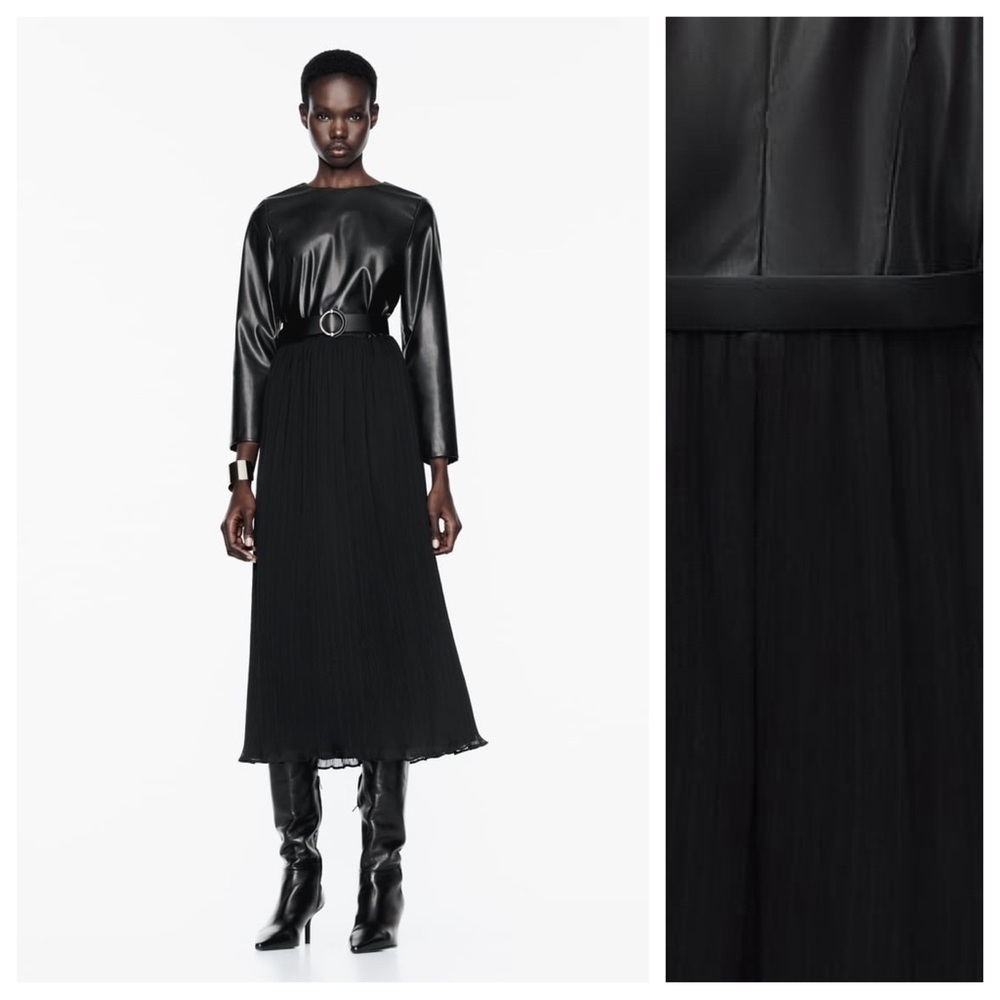 NWT. Zara Black Contrasting aux Leather Midi Dress. Size XS, S.